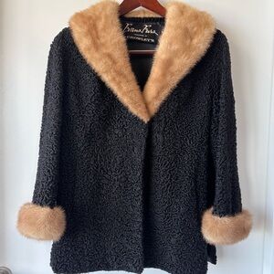 Vintage Black Faux Persian Lamb Coat with Tan Faux Fur Trim